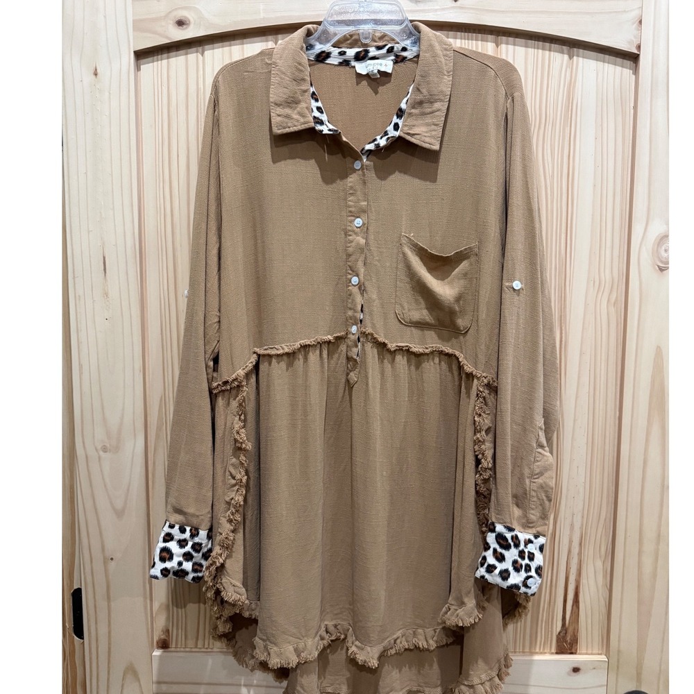 Umgee USA Leopard Trim Frayed Hem Tunic Top Camel Brown XL Roll Tab Sleeve